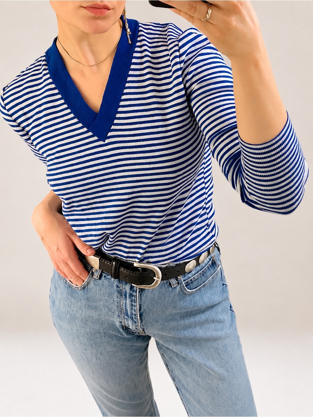 VTG Blue White Stripe V Neck Knit Pullover Sweater Jumper Academia Prep XS S M - Picture 8 of 16
